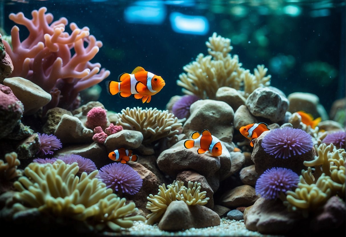 A 10-gallon tank with colorful coral, anemones, and two clownfish swimming among the vibrant aquatic plants and rocks. The tank is equipped with a filter, heater, and LED lighting to create a healthy and visually appealing environment for the