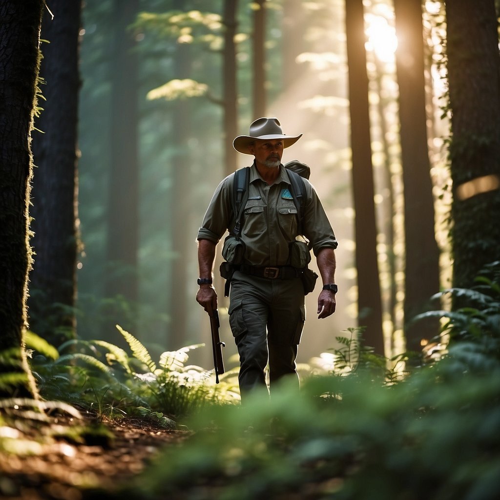 A ranger patrols a lush forest, with diverse wildlife and towering trees. The sun casts dappled light on the forest floor, creating a peaceful and serene atmosphere