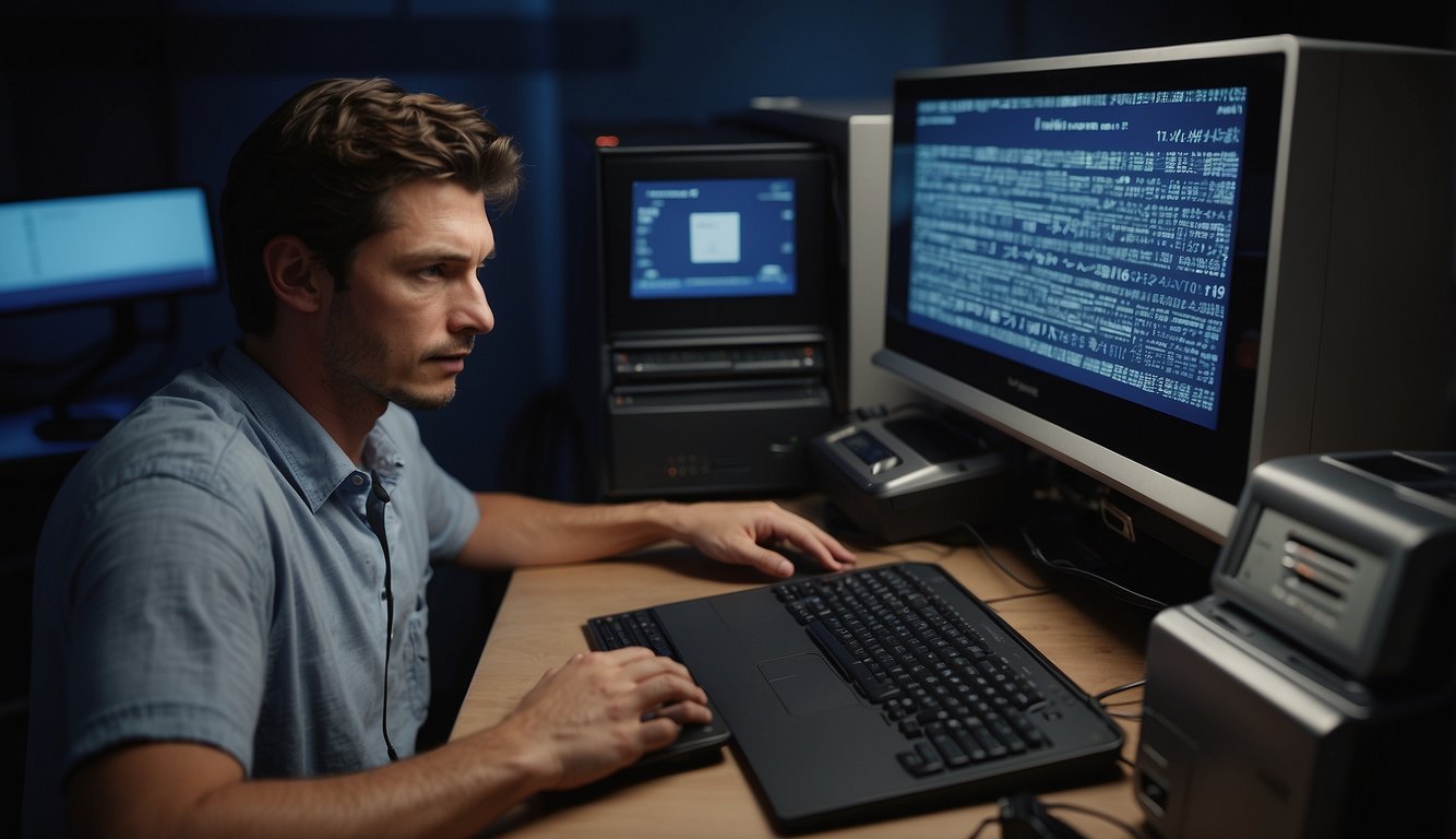 A frustrated person tries to connect a USB printer to a computer displaying a "Windows Labyrinth" error message