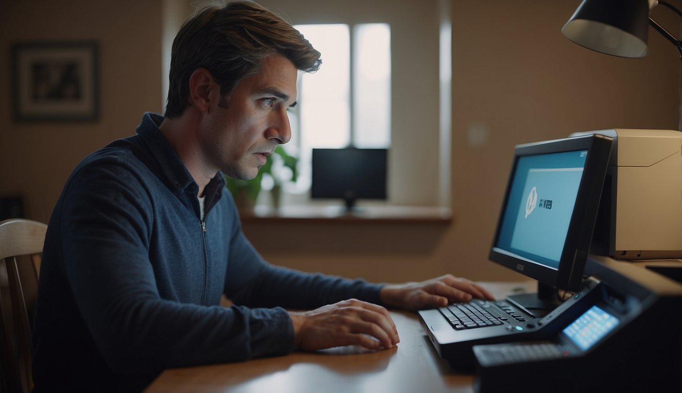 A frustrated person tries to connect a USB printer to a computer, but the device is not recognized. The person looks at the computer screen with a puzzled expression