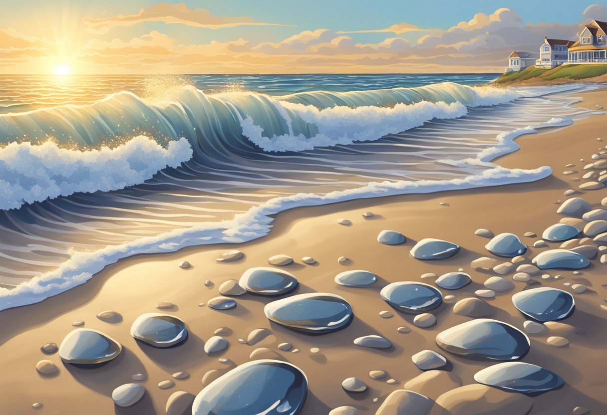 The waves crash against the shore, revealing sparkling quartz pebbles known as Cape May Diamonds. The sun glistens off the water, casting a radiant glow over the beach