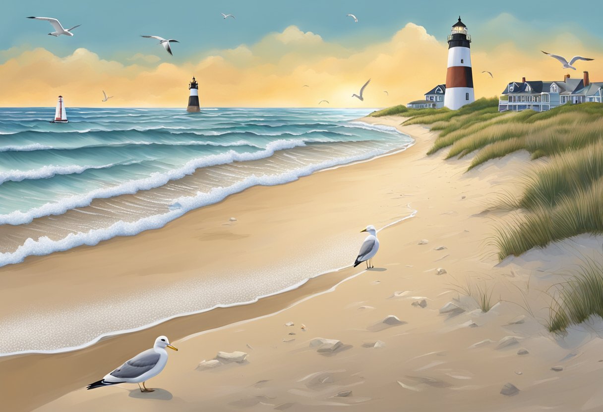 A beach with Cape May diamonds scattered on the sand, lighthouse in the background, and seagulls flying overhead