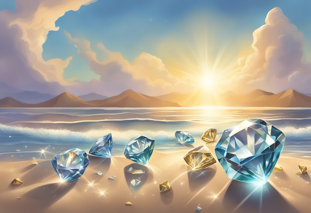 Sparkling Cape May diamonds scatter on the sandy shore, glistening in the sunlight. Mythical creatures dance around them, weaving enchantment into the precious stones