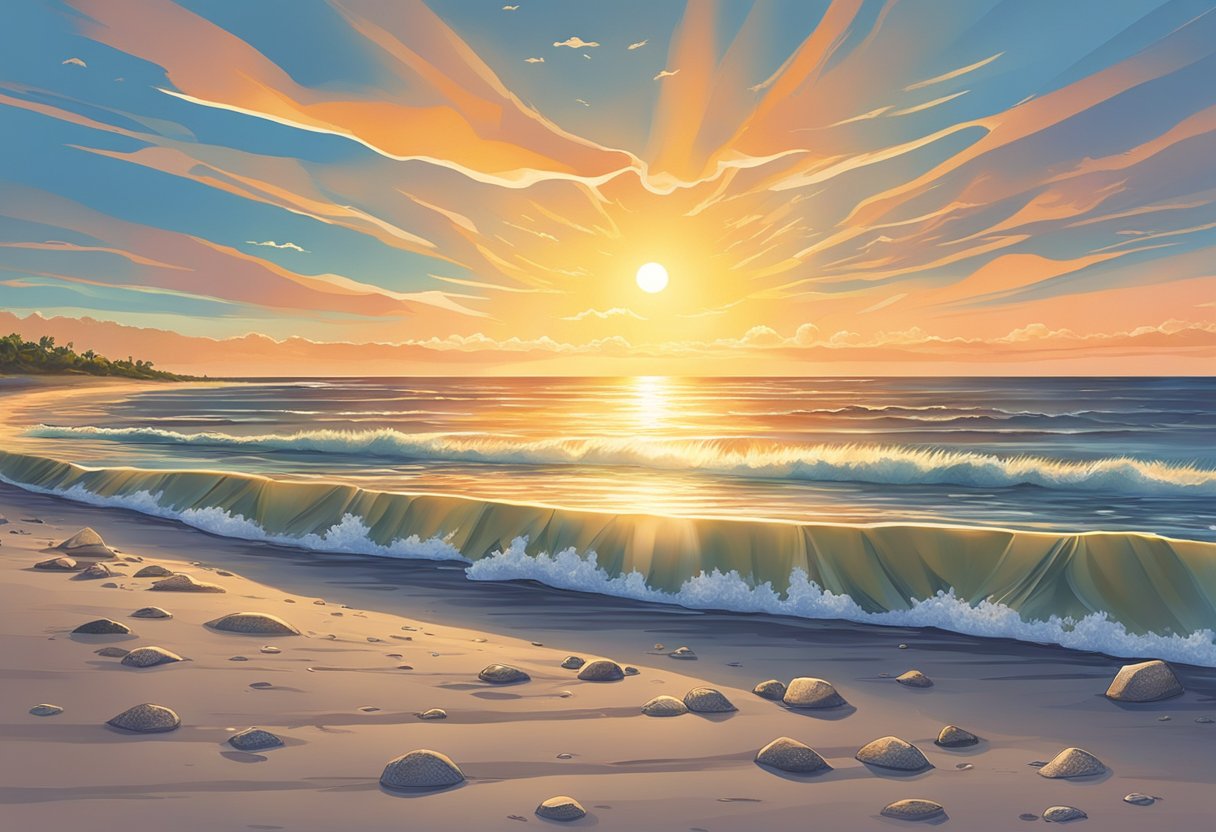 The sun sets over a serene beach, with shimmering Cape May diamonds scattered along the shore. In the distance, a modern city skyline rises, blending allure with natural beauty