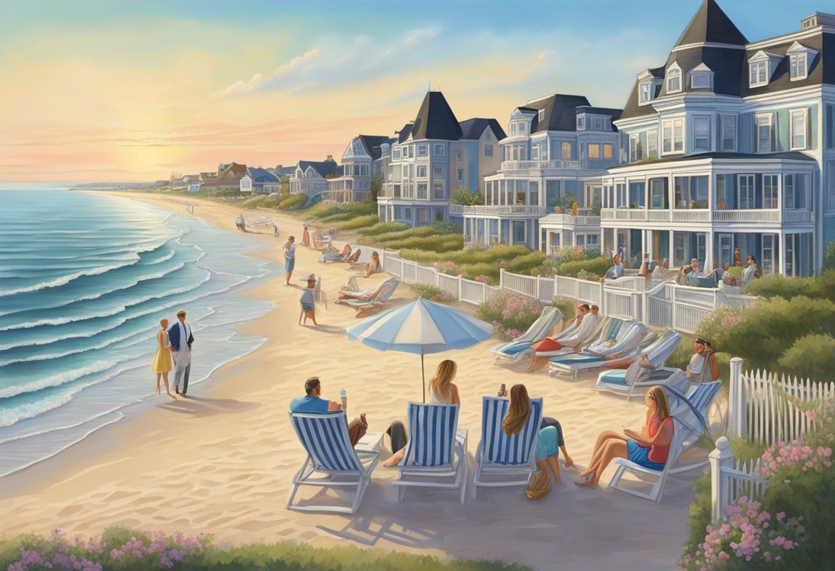 Celebrities relax on Cape May beach, surrounded by luxurious beachfront mansions and elegant Victorian architecture