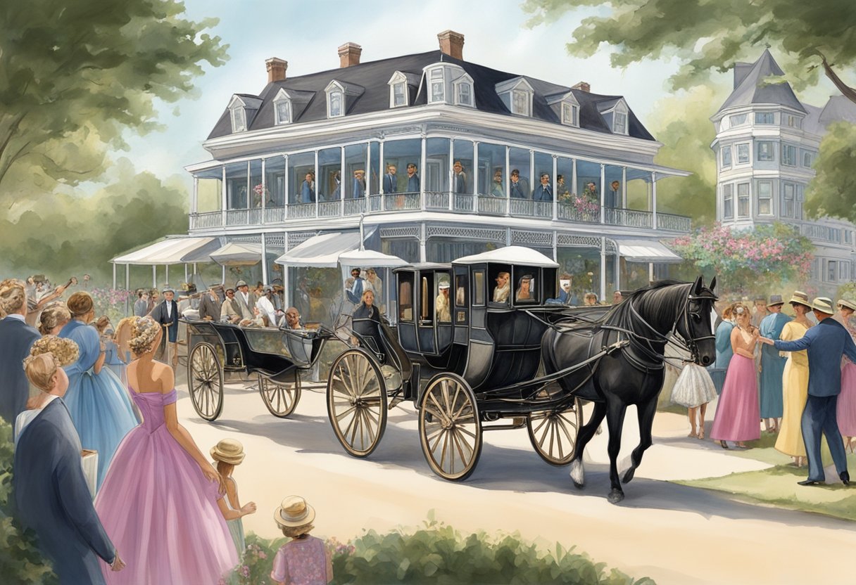 Celebrities arriving by horse-drawn carriages at a grand Victorian hotel in Cape May, surrounded by adoring fans and paparazzi