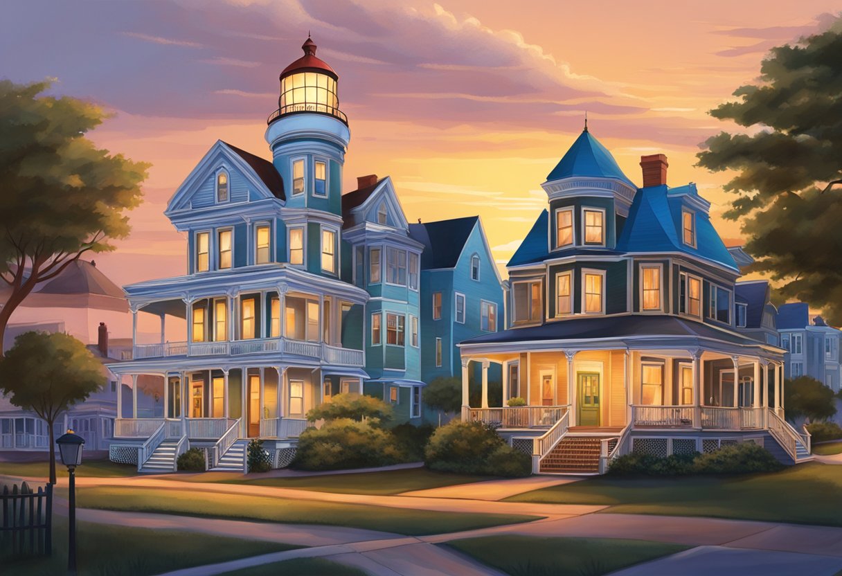 The sun sets over the historic Victorian homes lining the streets of Cape May, casting a warm glow on the bustling town and its iconic lighthouse