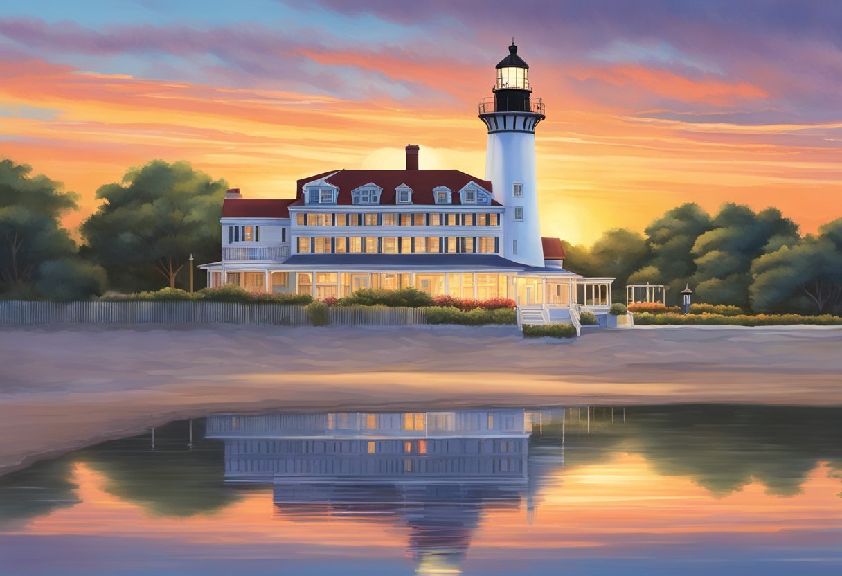 The iconic Cape May lighthouse stands tall against the backdrop of a colorful sunset, with the historic Congress Hall hotel in the foreground