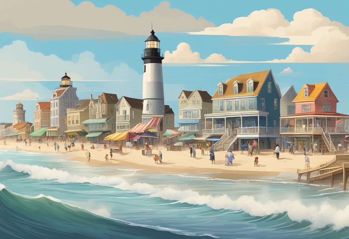 A bustling boardwalk with colorful beachfront shops, a historic lighthouse, and Victorian-era architecture, set against the backdrop of crashing waves and sandy beaches