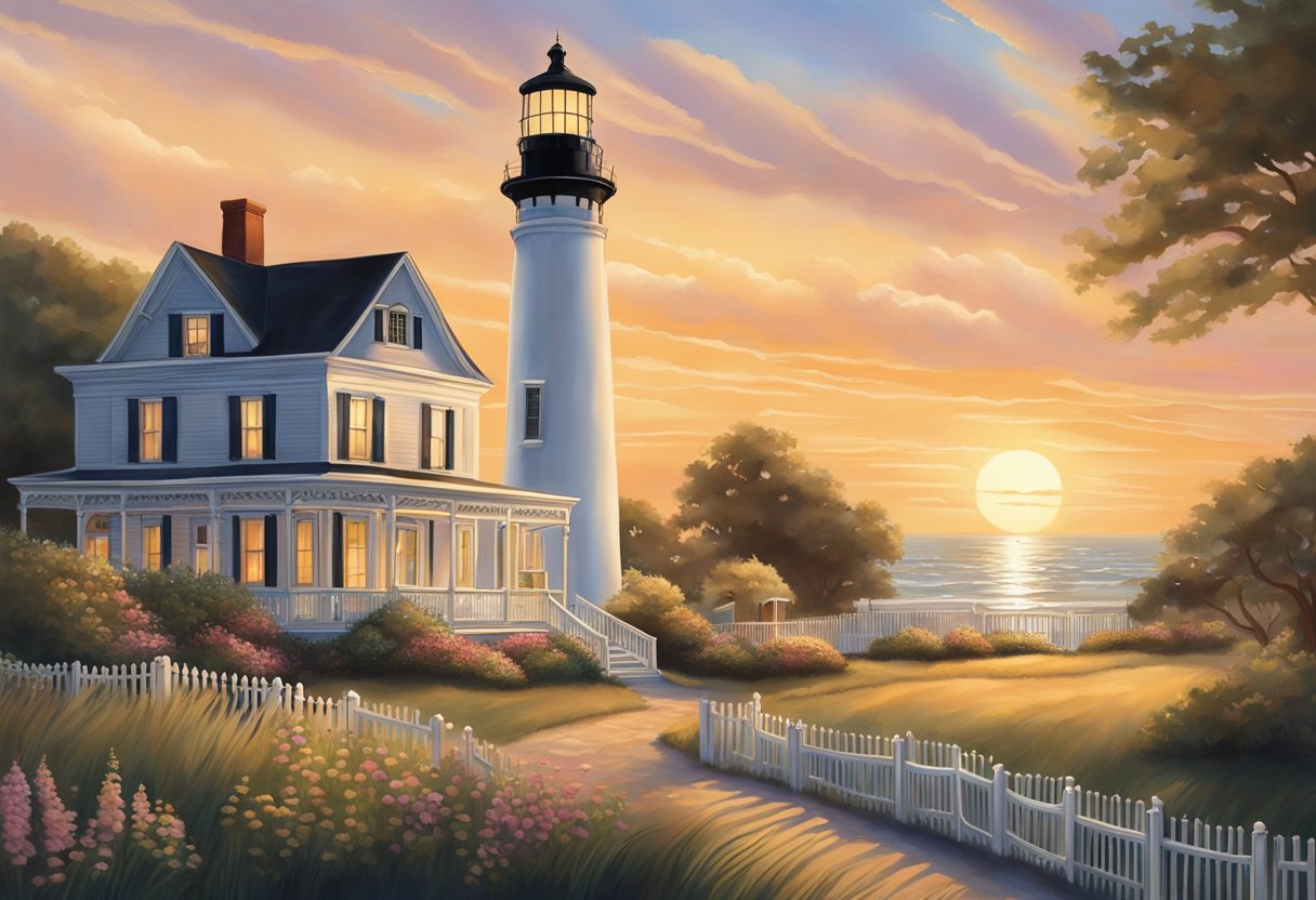 The iconic Cape May lighthouse stands tall against a backdrop of picturesque Victorian buildings, with the sun setting behind them, casting a warm glow over the entire scene