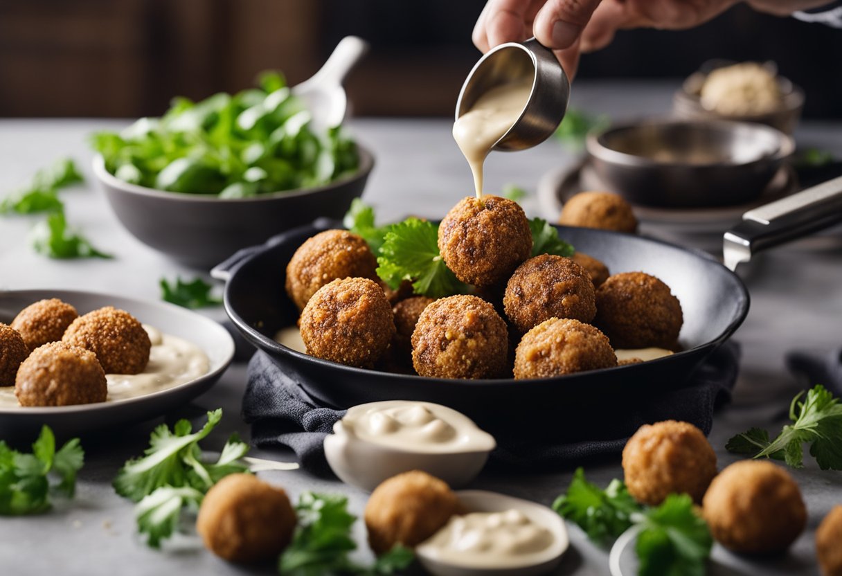 A bowl of falafel mix being scooped and shaped into small balls, then being fried in a pan. A separate bowl of tahini sauce being drizzled over the cooked falafel