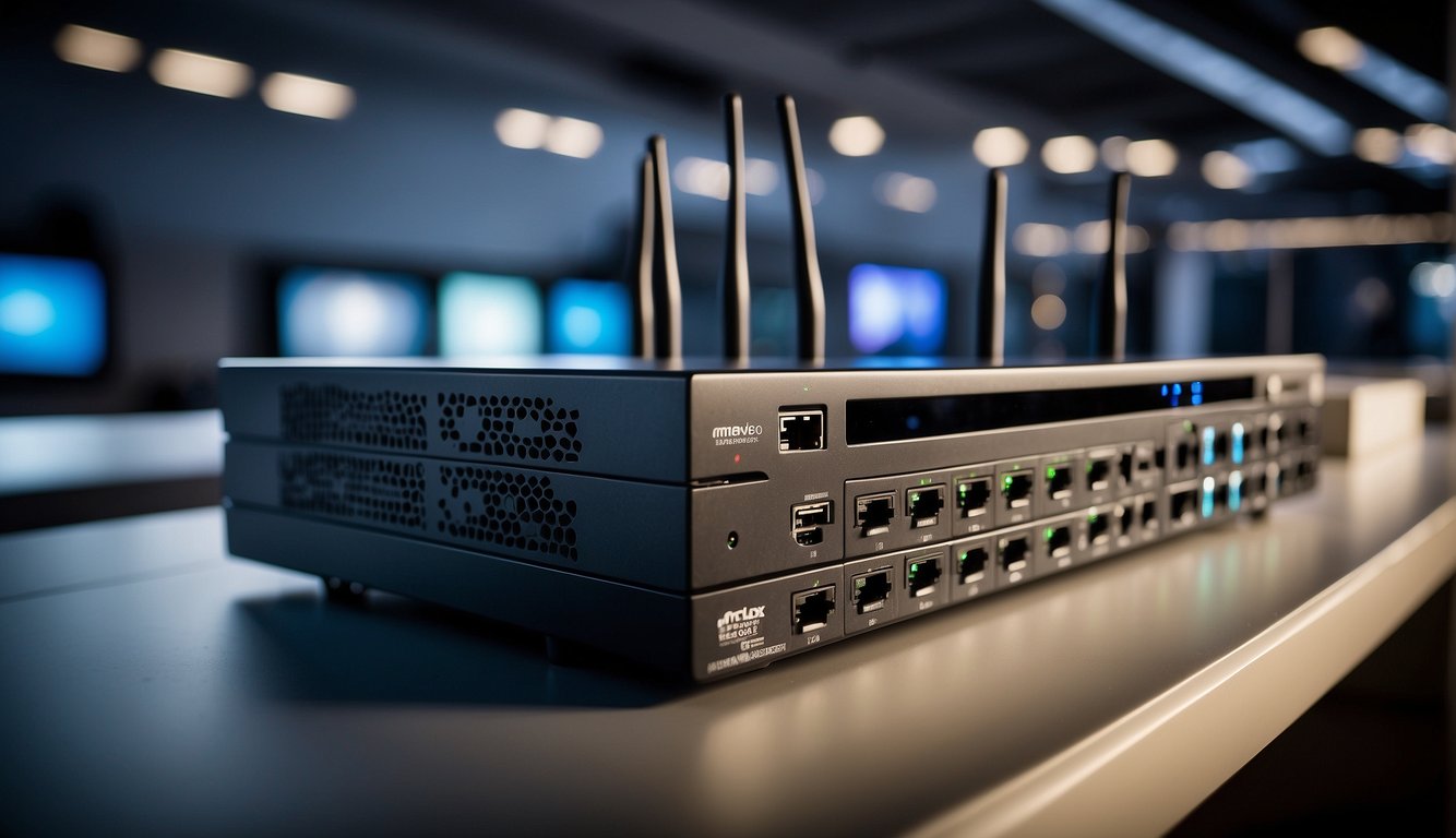 A network of routers and access points spread throughout a building, seamlessly providing wi-fi coverage to all areas. Cables and hardware neatly organized and connected, ensuring a reliable and efficient infrastructure