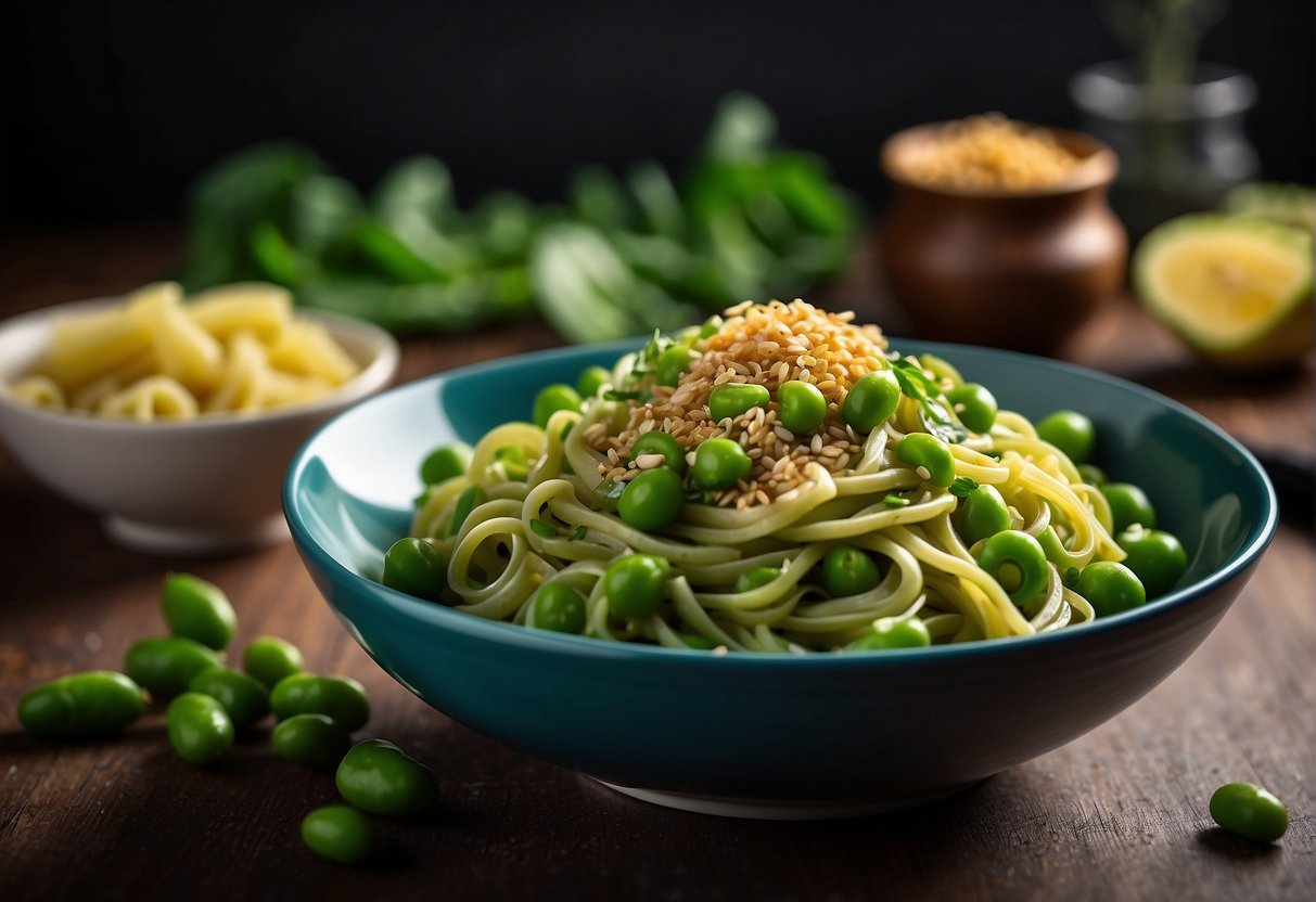 A bowl of edamame pasta with vibrant green noodles, tossed in a savory sauce and garnished with sesame seeds and fresh herbs