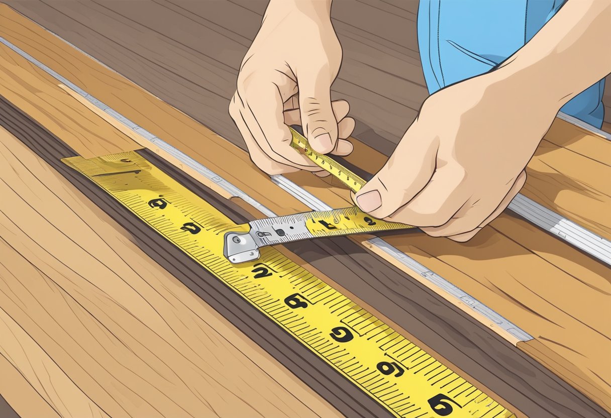 A tape measure measures the thickness of laminate flooring. A hand holds a sample plank. A ruler shows the thickness