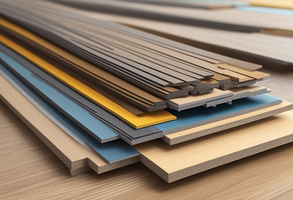 A stack of laminate flooring samples, varying in thickness, arranged on a flat surface with a ruler next to them for measurement