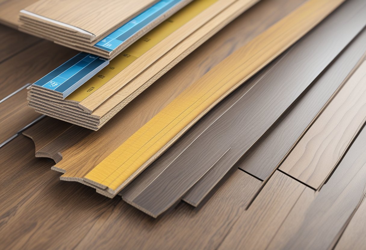 Thicker laminate flooring displayed with measuring tape and sample boards for comparison