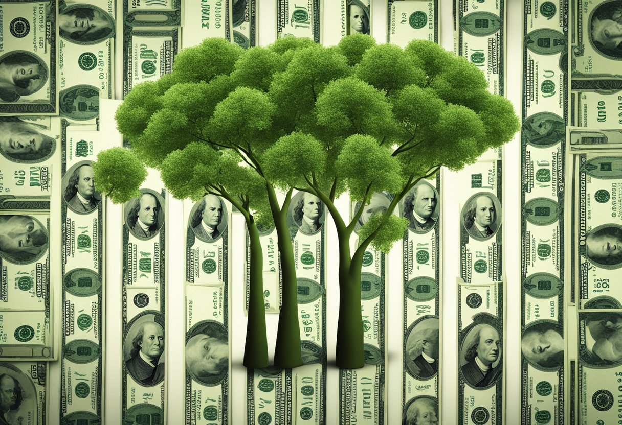 Five trees with dollar bills growing as leaves, representing different economic strategies. Each tree is labeled with a different saving method such as investing, budgeting, and cutting expenses