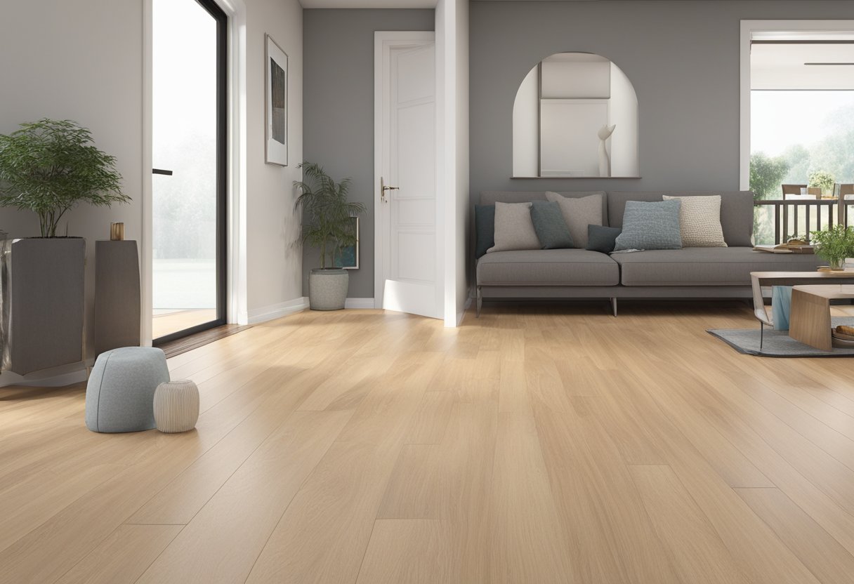 Laminate flooring impacts door clearances. Show a door with reduced space underneath due to the thickness of the flooring. Include a transition piece where the flooring meets a different surface