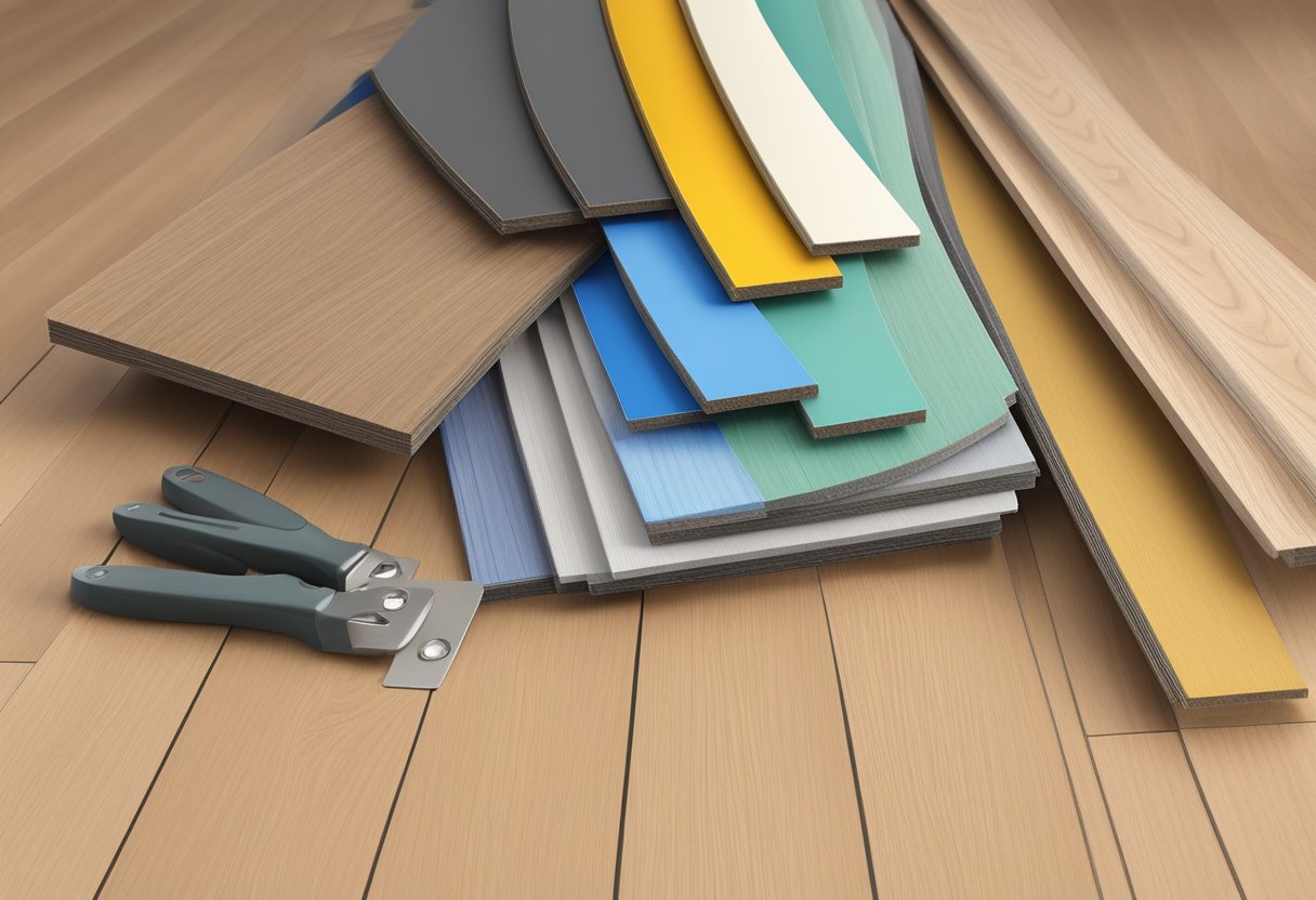 A stack of laminate flooring samples arranged by thickness, with installation tools and instructions nearby