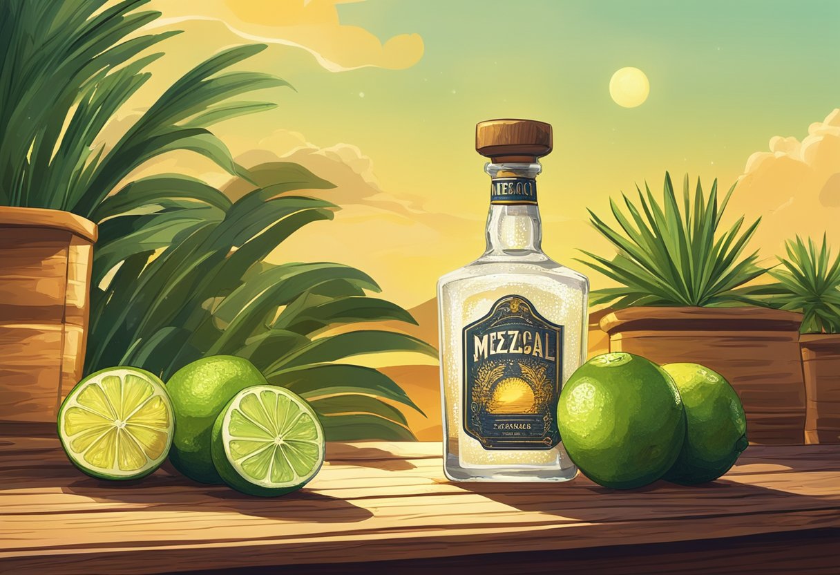 A bottle of the best mezcal sits on a rustic wooden table, surrounded by sliced limes and salt crystals. A warm, golden glow from the setting sun bathes the scene