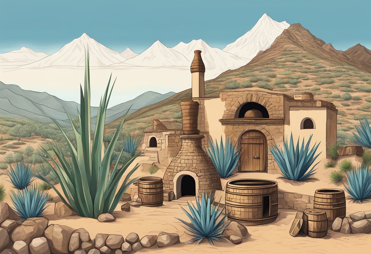 A traditional mezcal distillery with agave fields, a stone oven, and copper stills, surrounded by mountains and a clear blue sky