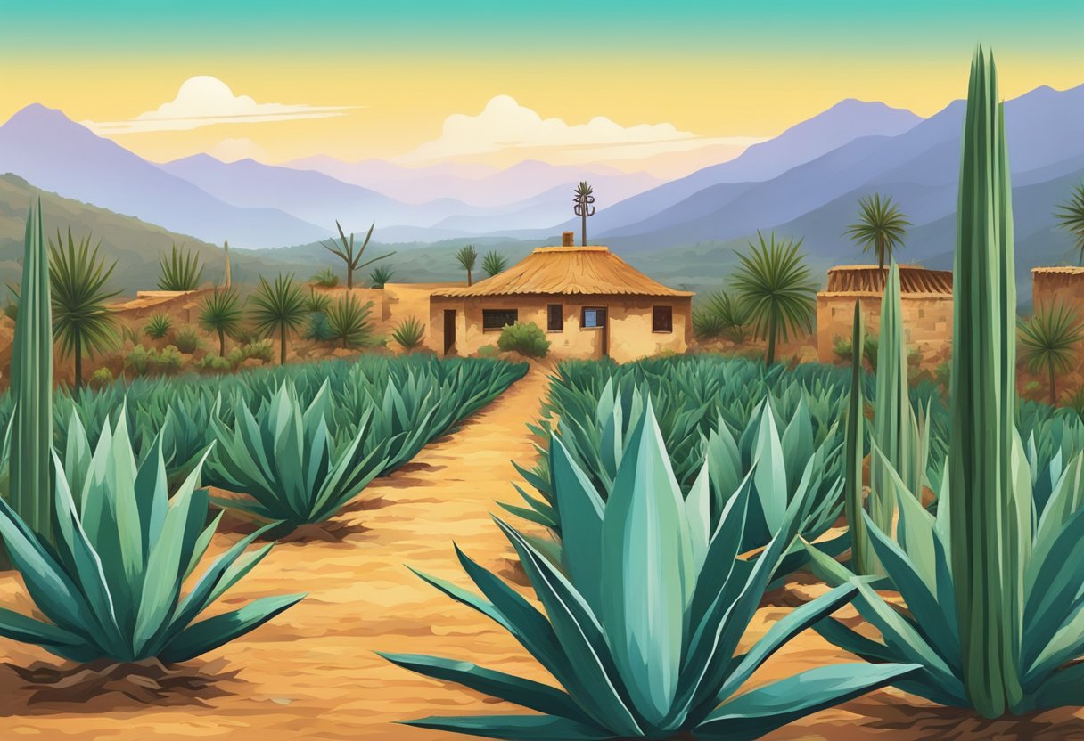 A rustic agave field with a traditional mezcal distillery in the background, surrounded by the vibrant colors of the Mexican landscape