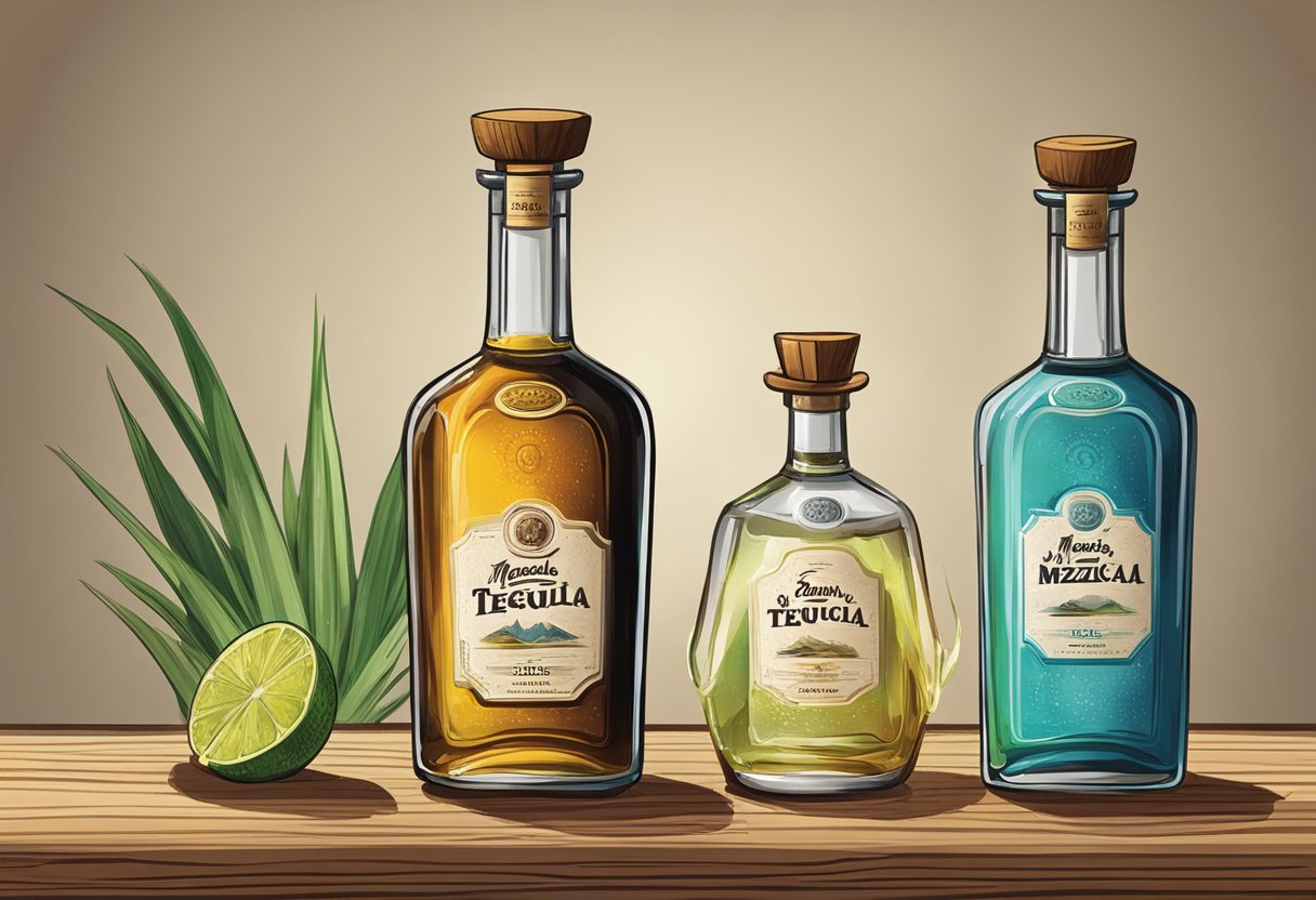 Two bottles, one labeled "Tequila" and the other "Mezcal," stand side by side on a rustic wooden table. A small glass with a splash of Mezcal sits next to the bottles