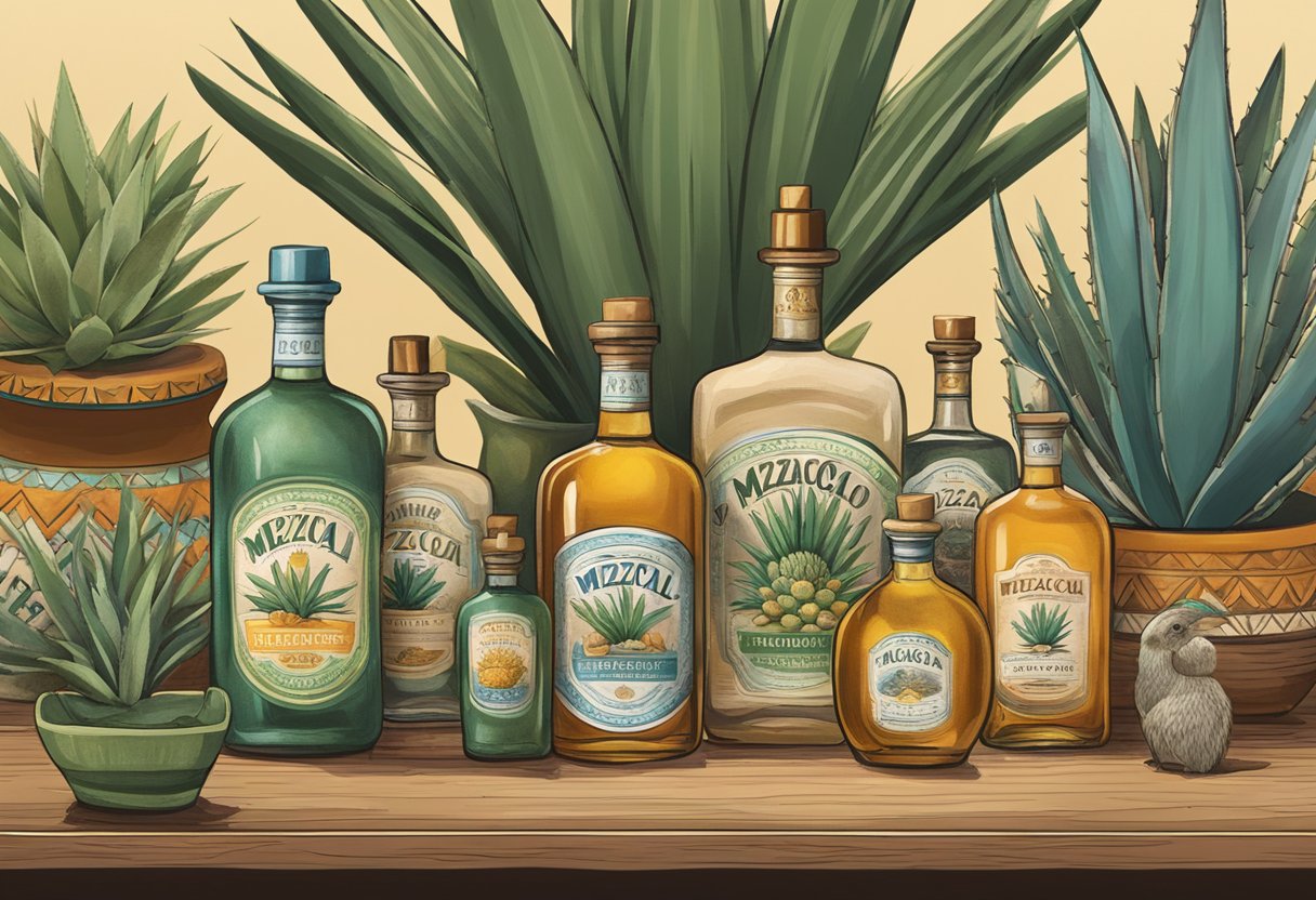 A table with various labeled bottles of top Mezcal brands, surrounded by agave plants and traditional Mexican pottery