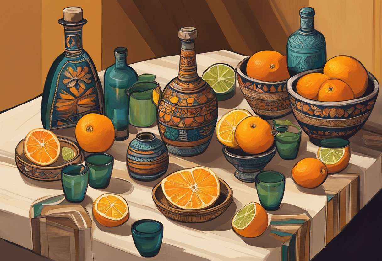 A table set with various mezcal bottles, traditional clay copitas, and sliced oranges and sal de gusano. A warm, inviting ambiance with dim lighting and Mexican decor