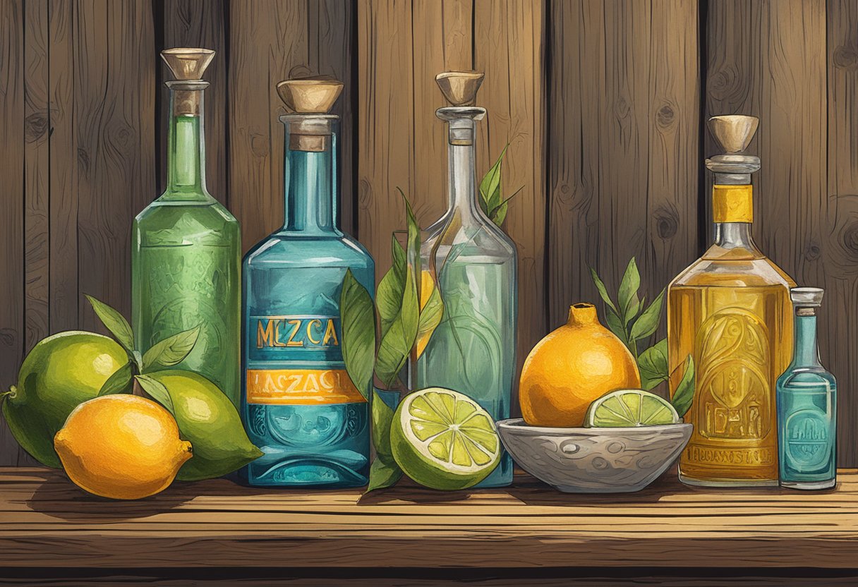 Mezcal bottles, fresh citrus, and artisanal glassware on a rustic wooden bar