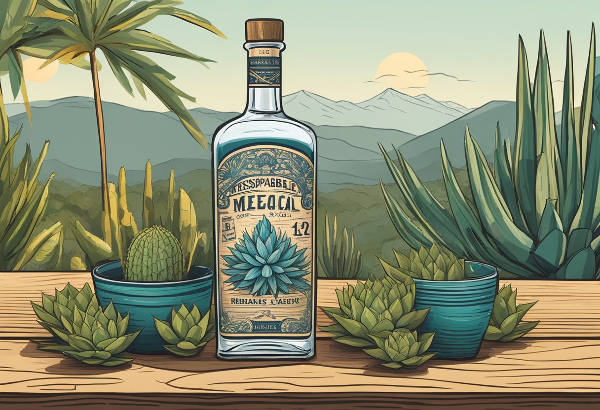 A bottle of premium mezcal sits on a rustic wooden table, surrounded by fresh agave plants and traditional artisanal clay cups. The label proudly displays the words "Responsible Consumption" in bold lettering