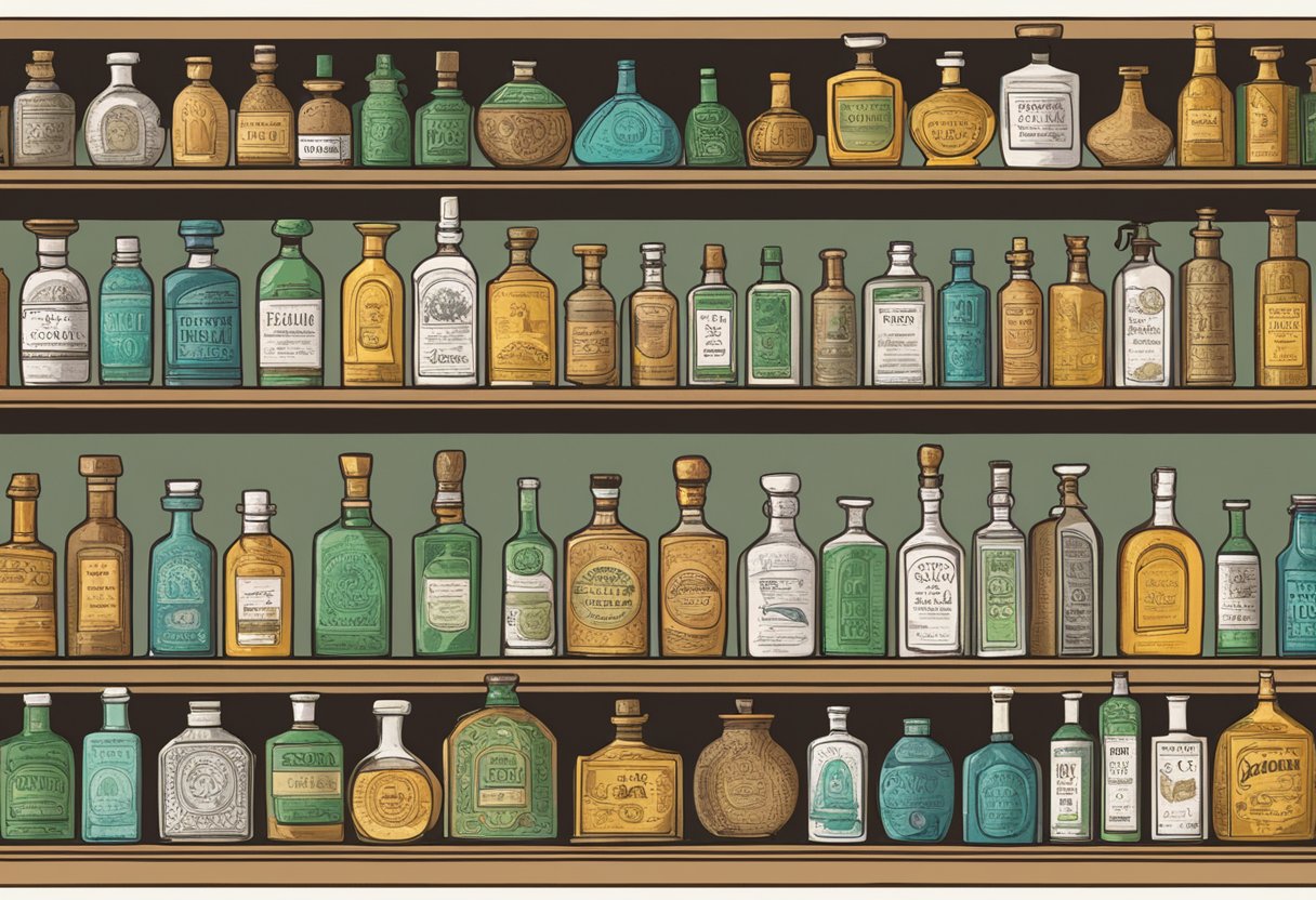 A shelf with various mezcal bottles, a sign reading "Frequently Asked Questions: Best Mezcal" above