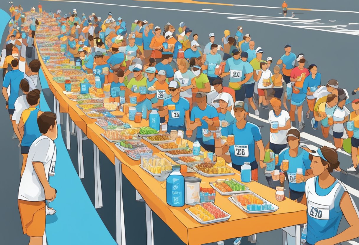 Runners consume water and energy gels during a 5-hour marathon. Tables are lined with cups and snacks. Signs display hydration and nutrition tips