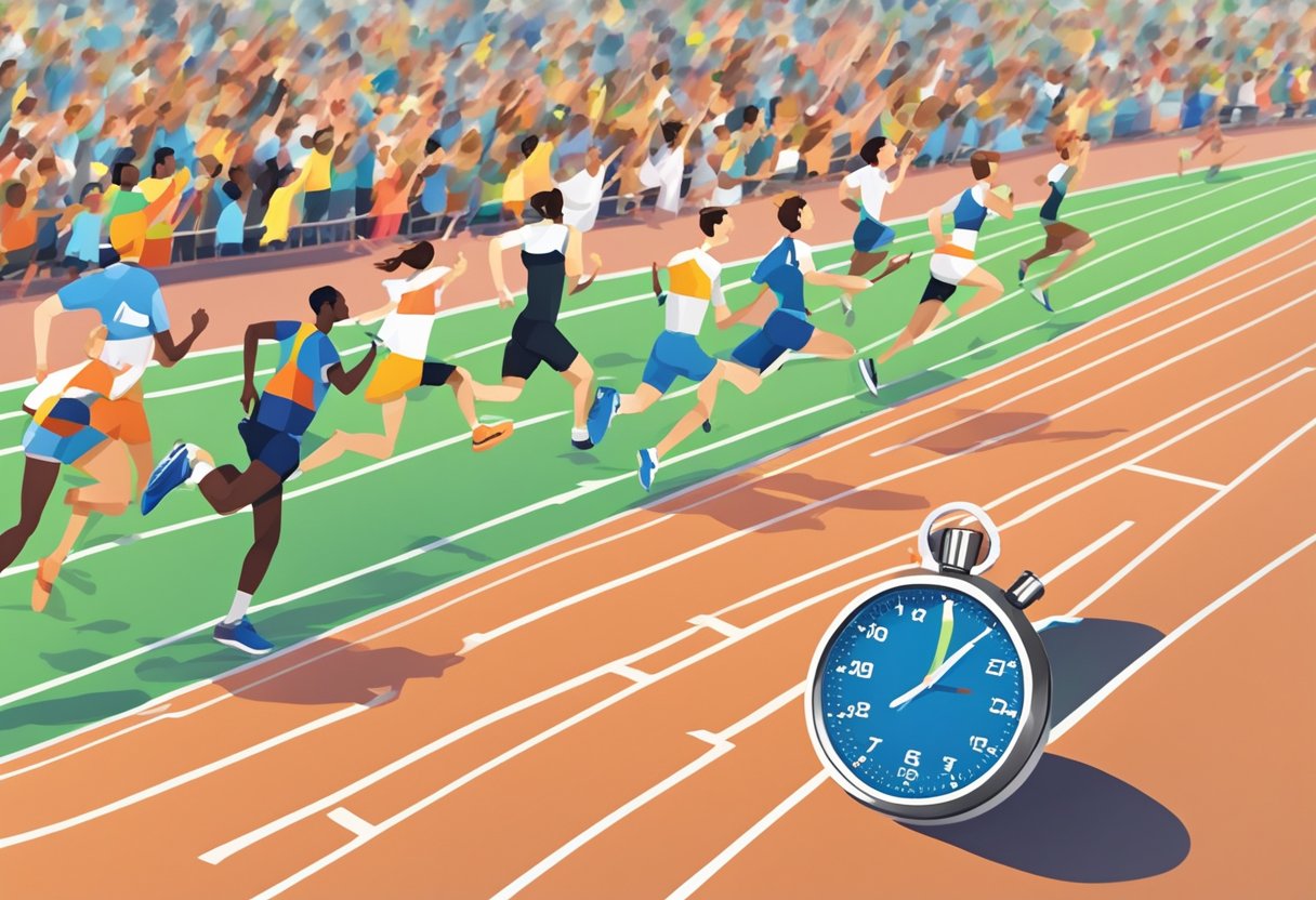 A stopwatch set at 26:00, running shoes on a track, surrounded by cheering spectators