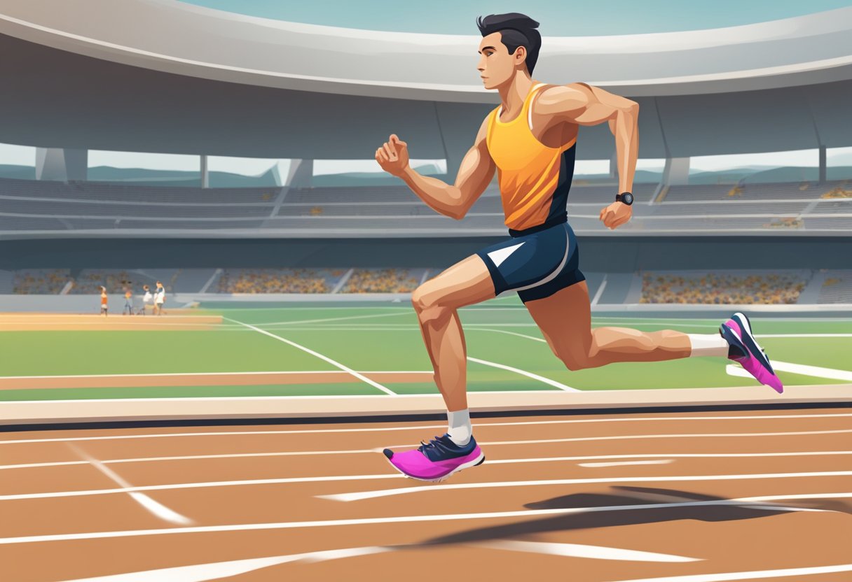 A runner sprints on a track, stopwatch in hand. A coach observes, offering guidance. The focus is on speed and technique