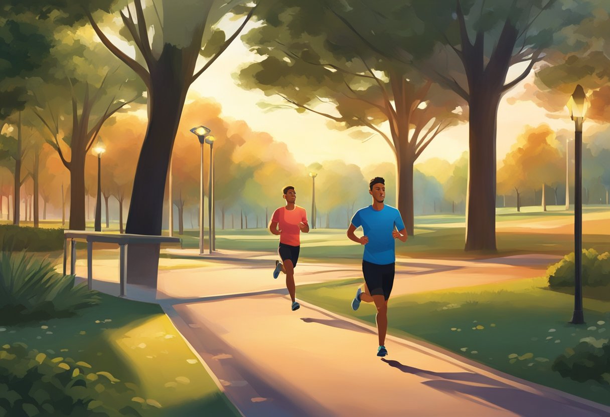 A runner sprints through a park, passing by various exercise stations. The sun is setting, casting a warm glow over the scene