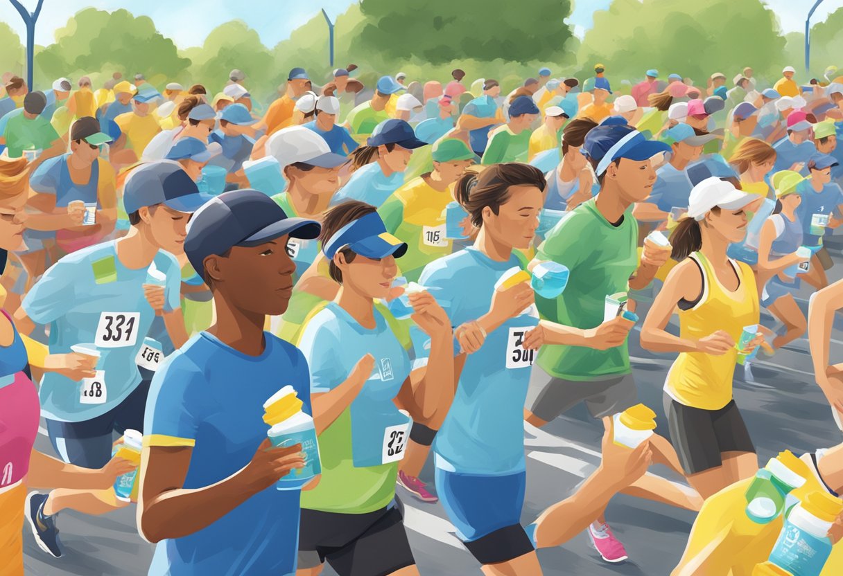 Runners hydrating and consuming energy gels during a 5k race. Water stations and gel packets are strategically placed along the course