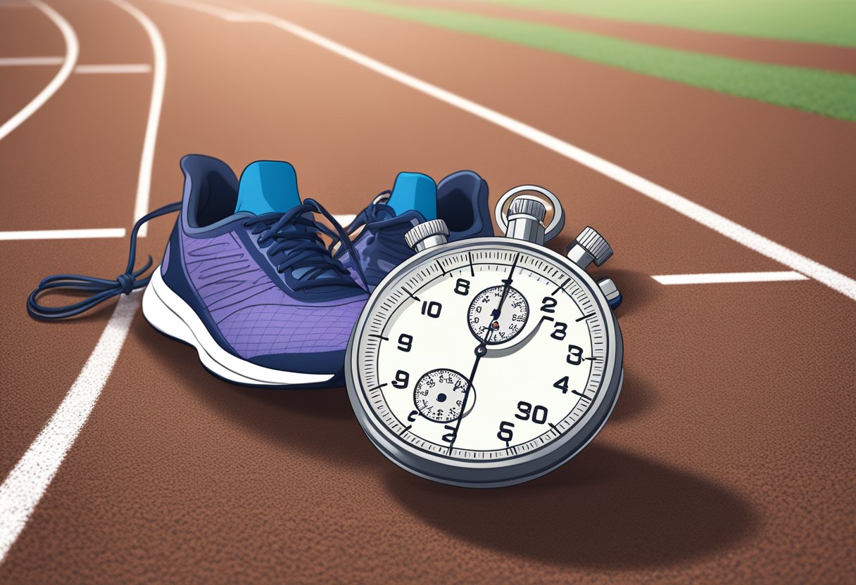 A stopwatch next to a pair of running shoes on a track