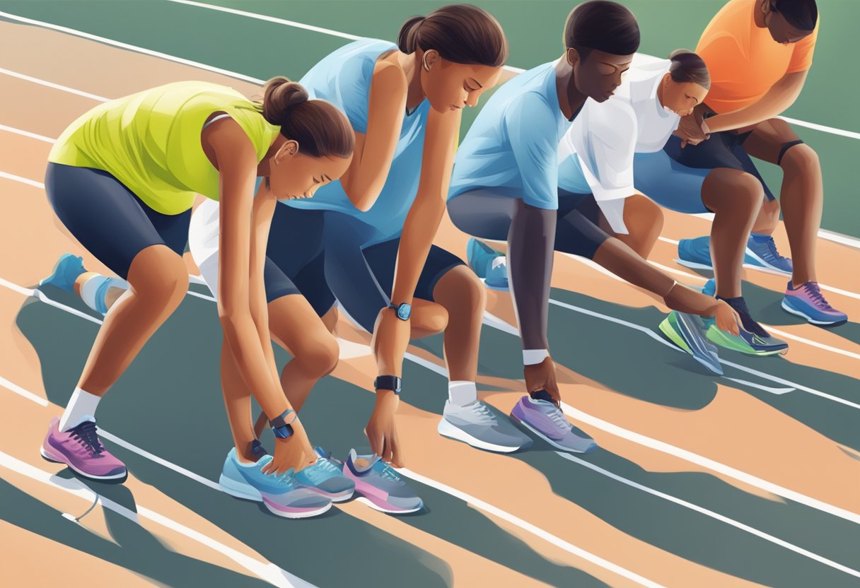 Runners stretching, lacing up shoes, adjusting gear, checking watches, and warming up on a track before a 5k race