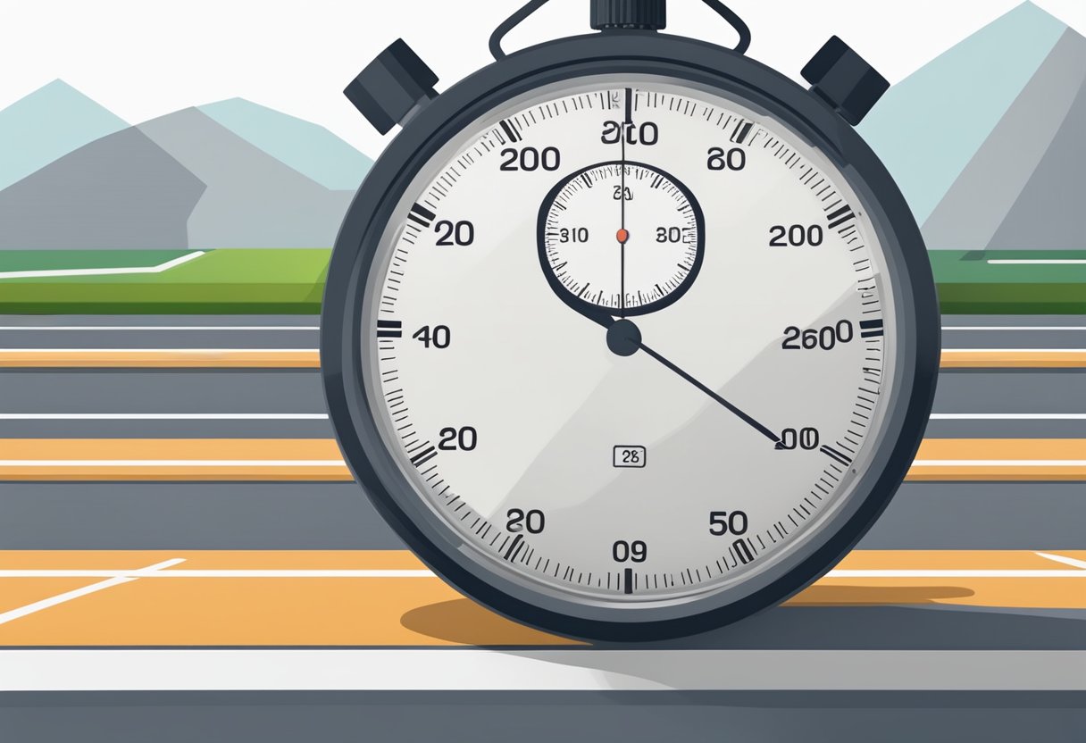 A stopwatch displays 26:00. A running track stretches into the distance, with markers indicating each kilometer. A graph shows a steady decline in time