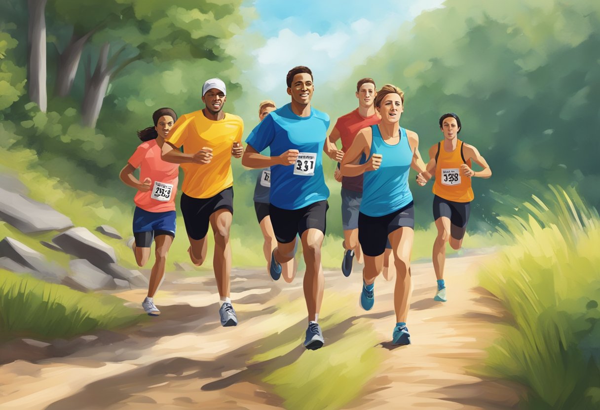 A group of runners sprint along a scenic trail, their feet pounding the ground as they push towards the finish line of a 26-minute 5k race