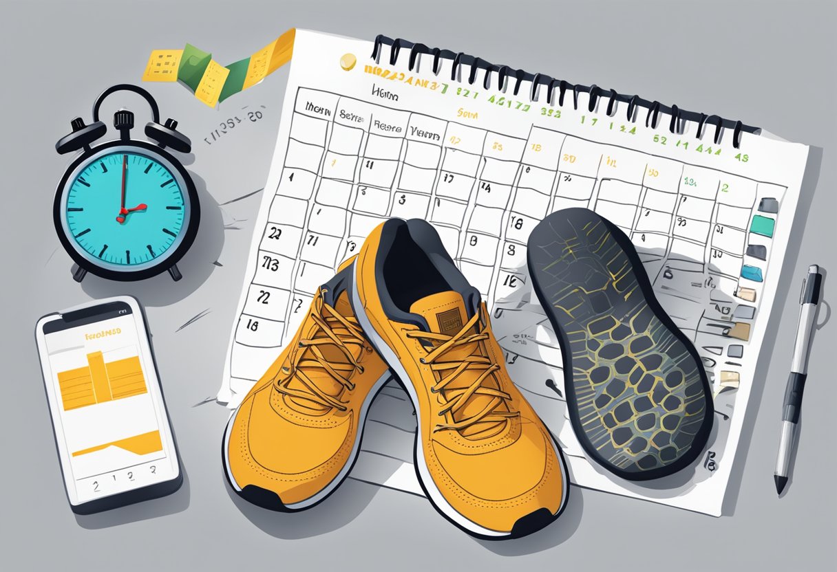 A calendar with six weeks marked off, running shoes, a stopwatch, and a training log with distance and time records