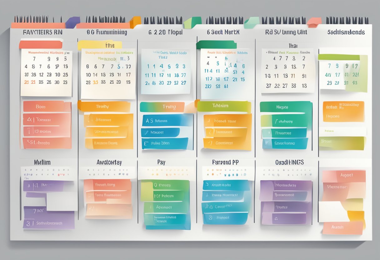 A calendar with 6 weeks outlined, each week labeled with specific training activities such as running, stretching, and rest days