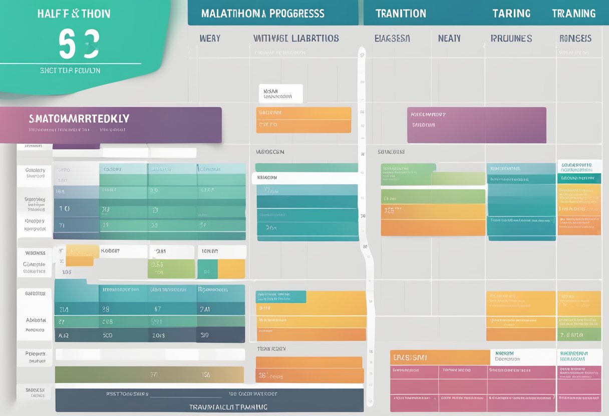 A calendar with 6 weeks highlighted, showing a breakdown of half marathon training plan with weekly progress and key milestones