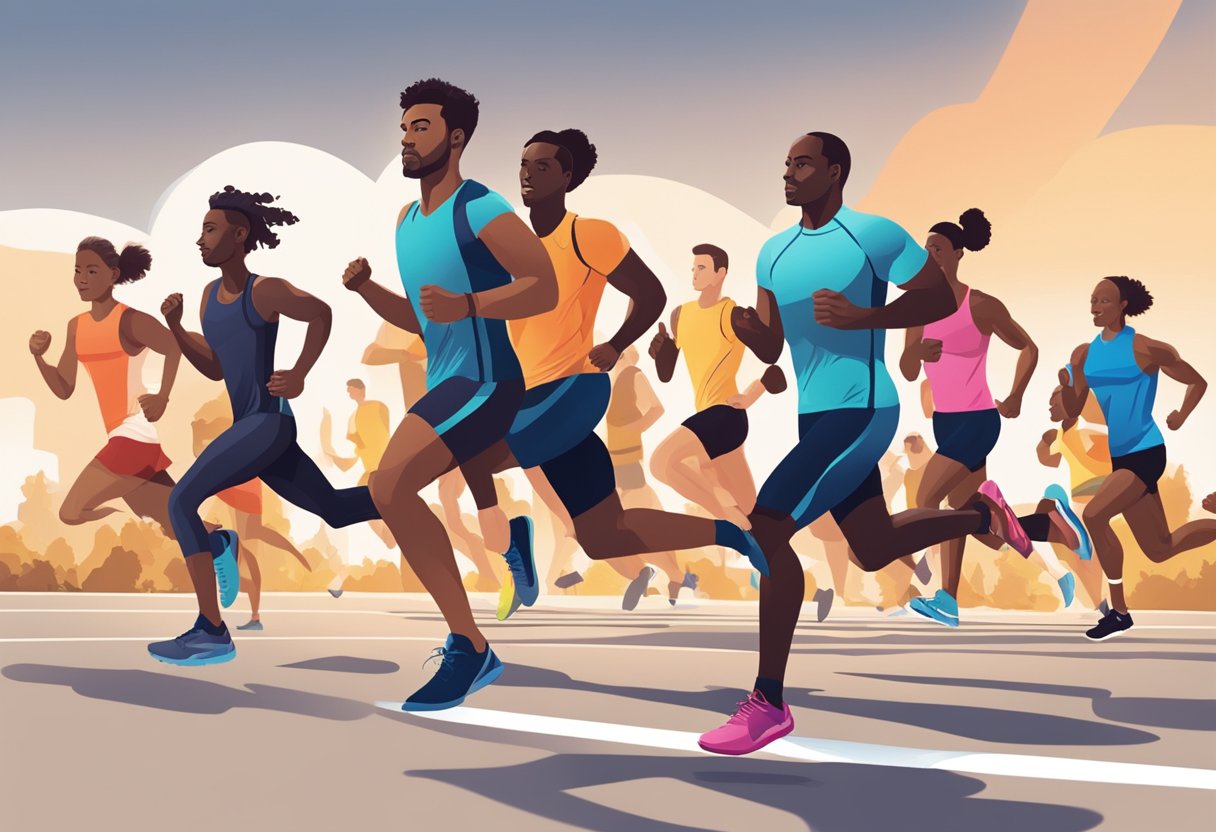 Runners following a 6-week training plan, alternating between running and strength exercises. Visualize a diverse group of athletes in various settings, from the track to the gym