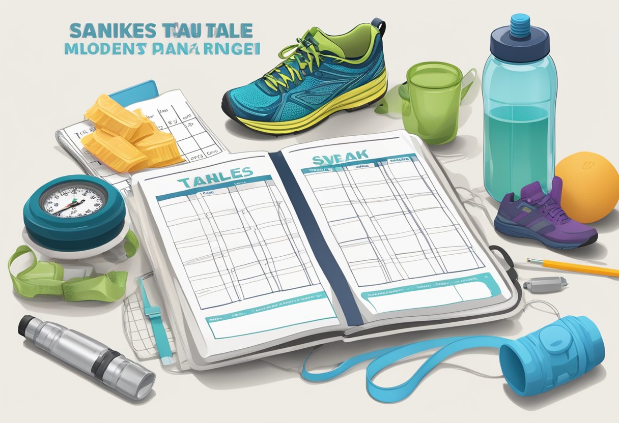 A table with a balanced meal plan and water bottle next to a running shoe, stopwatch, and training schedule