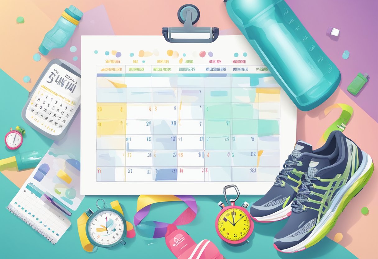 A runner's training calendar with motivational quotes and checkmarks, surrounded by running shoes, water bottles, and a stopwatch