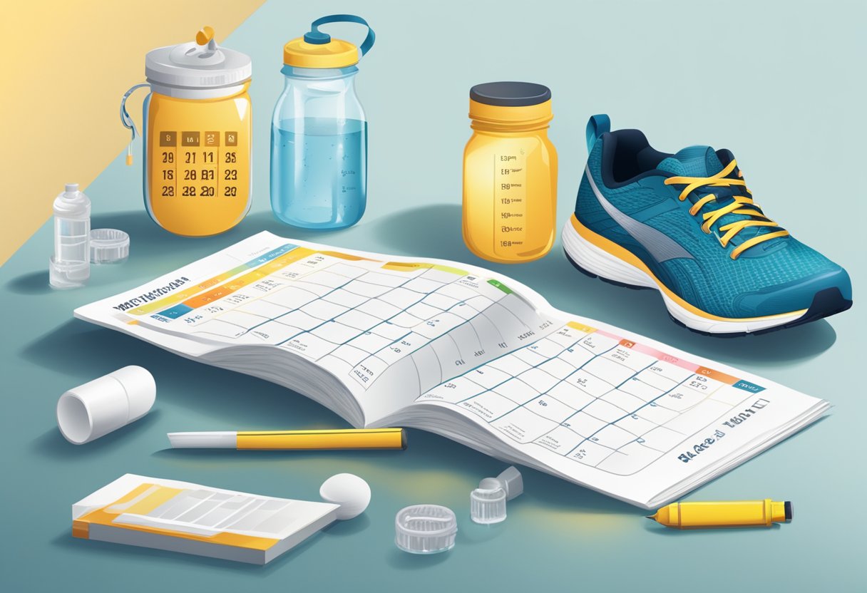 A calendar with 6 weeks marked off, running shoes, a stopwatch, a water bottle, and a training plan with "Week Prior to Race" written at the top
