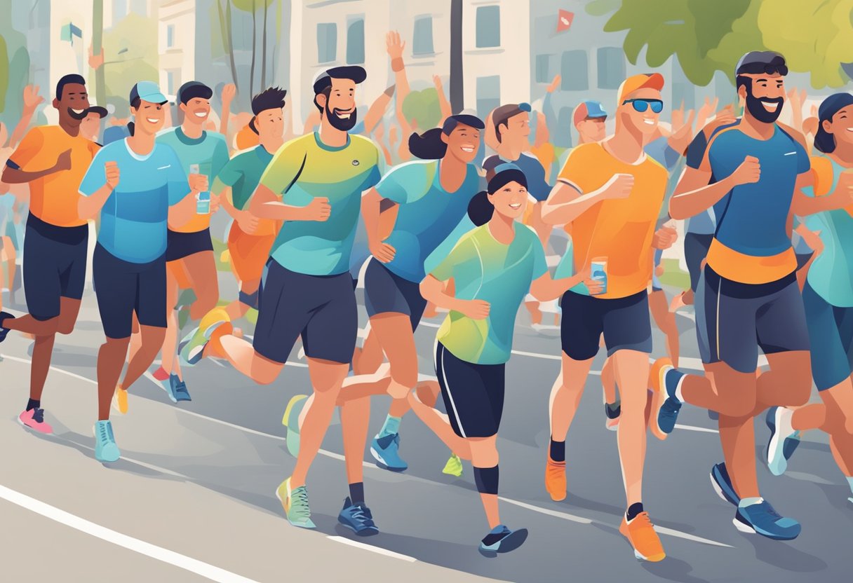Runners stretch and hydrate after a half marathon. Smiling faces and high-fives show the sense of accomplishment and camaraderie. Recovery drinks and snacks are enjoyed