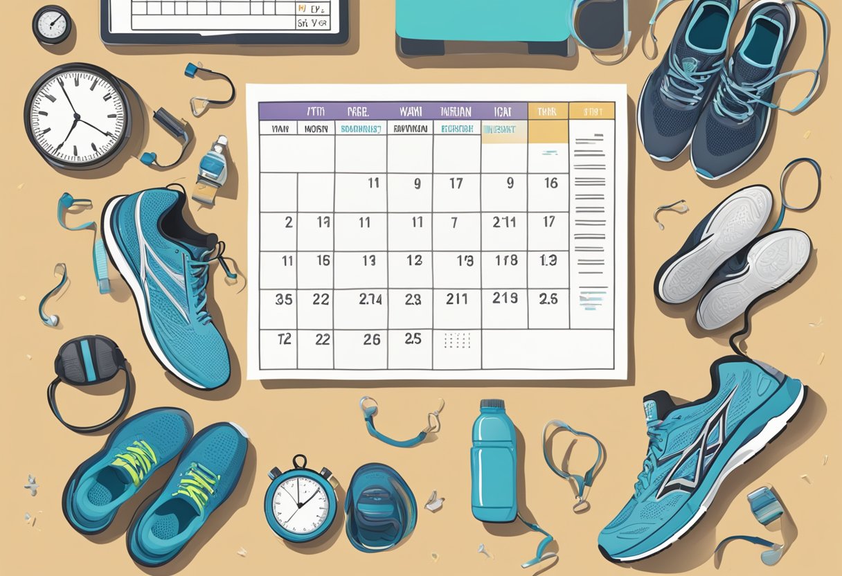 A calendar with a 6-week training plan for a half marathon, surrounded by running shoes, water bottles, and a stopwatch